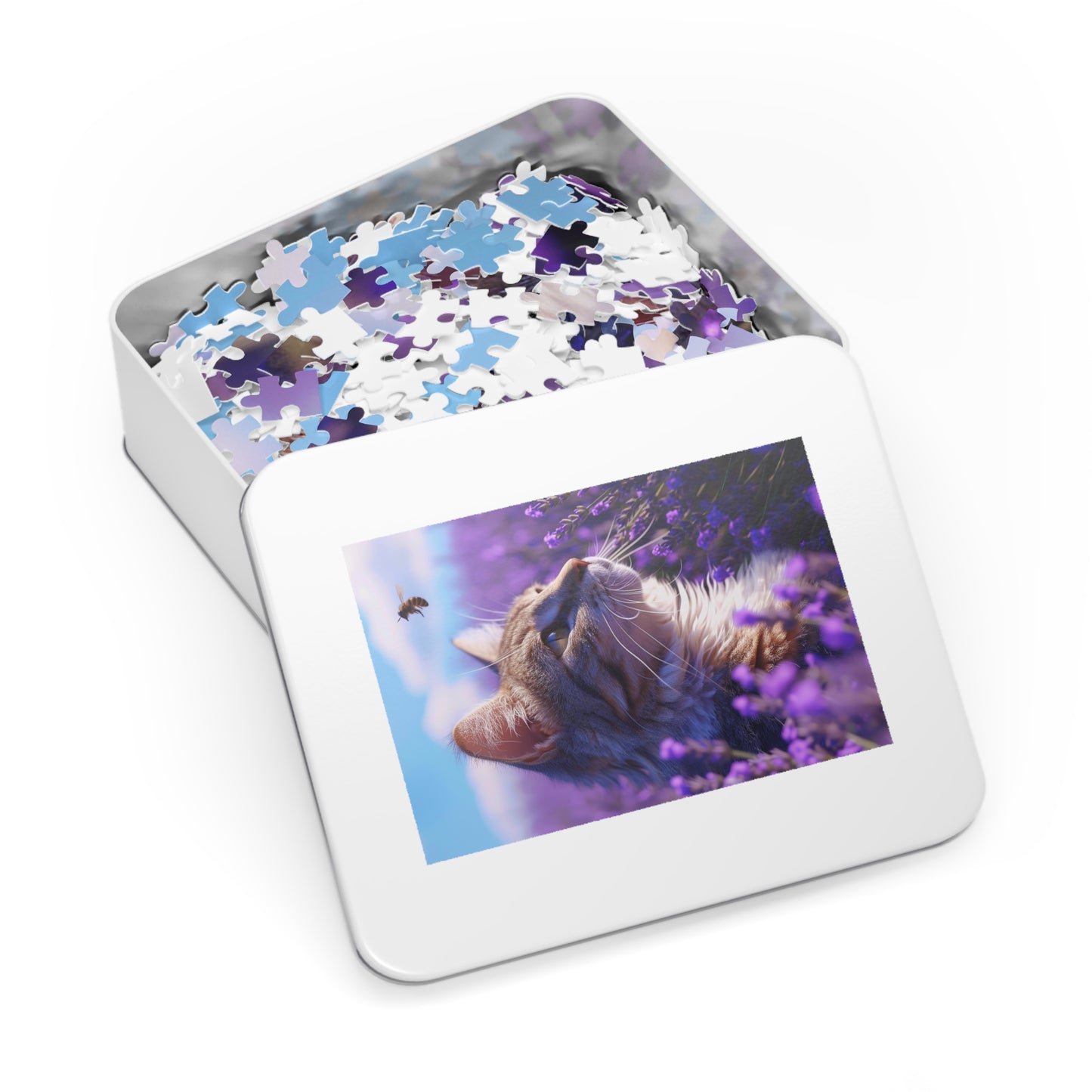 Cat and Bee in a Field of Purple Flowers  Jigsaw Puzzle (30, 110, 252, 500,1000-Piece)