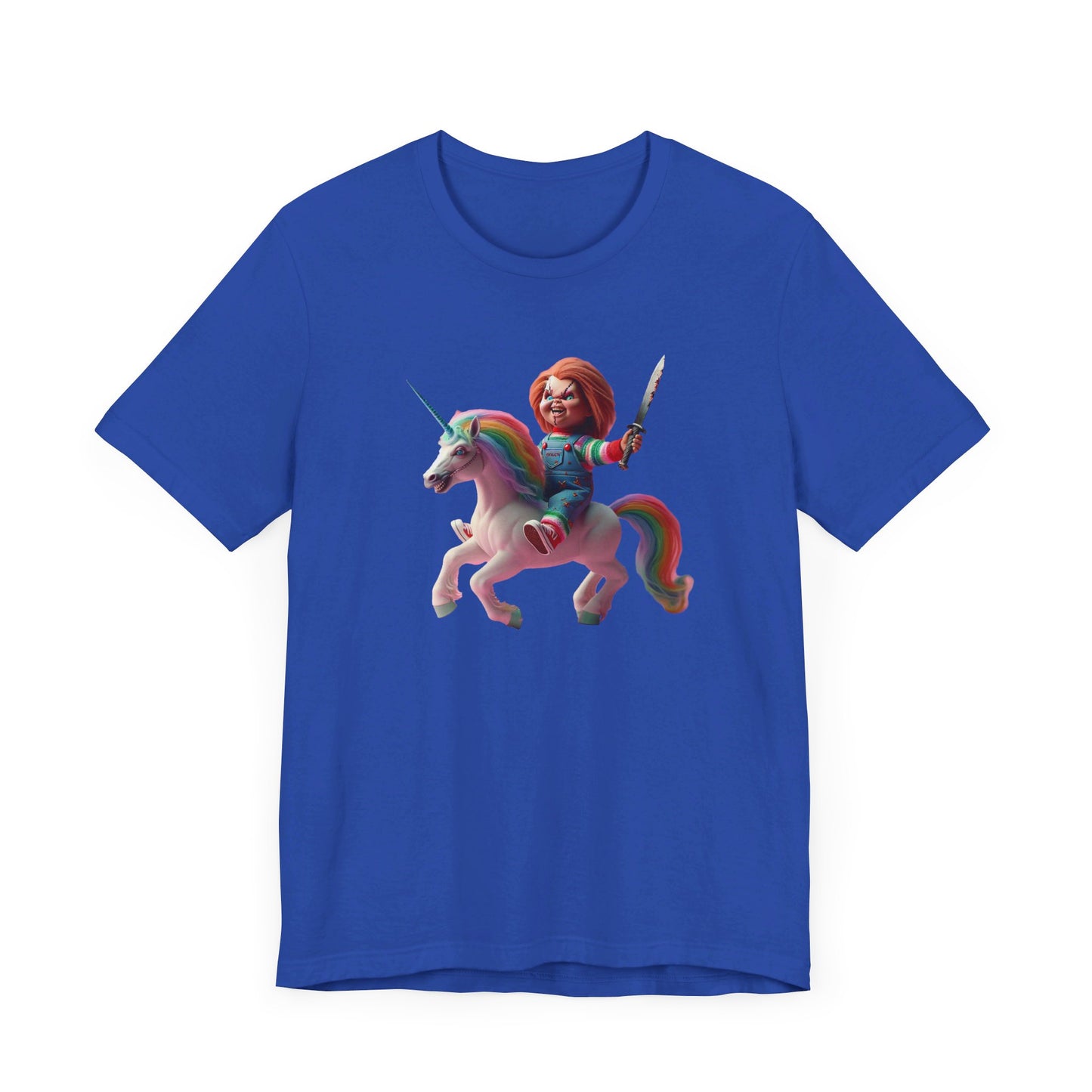 Chucky on his Unicorn!  Unisex Jersey Short Sleeve Tee