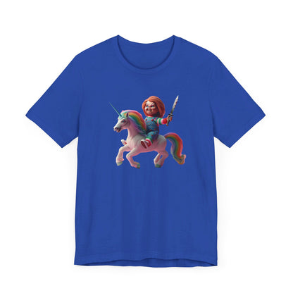 Chucky on his Unicorn!  Unisex Jersey Short Sleeve Tee