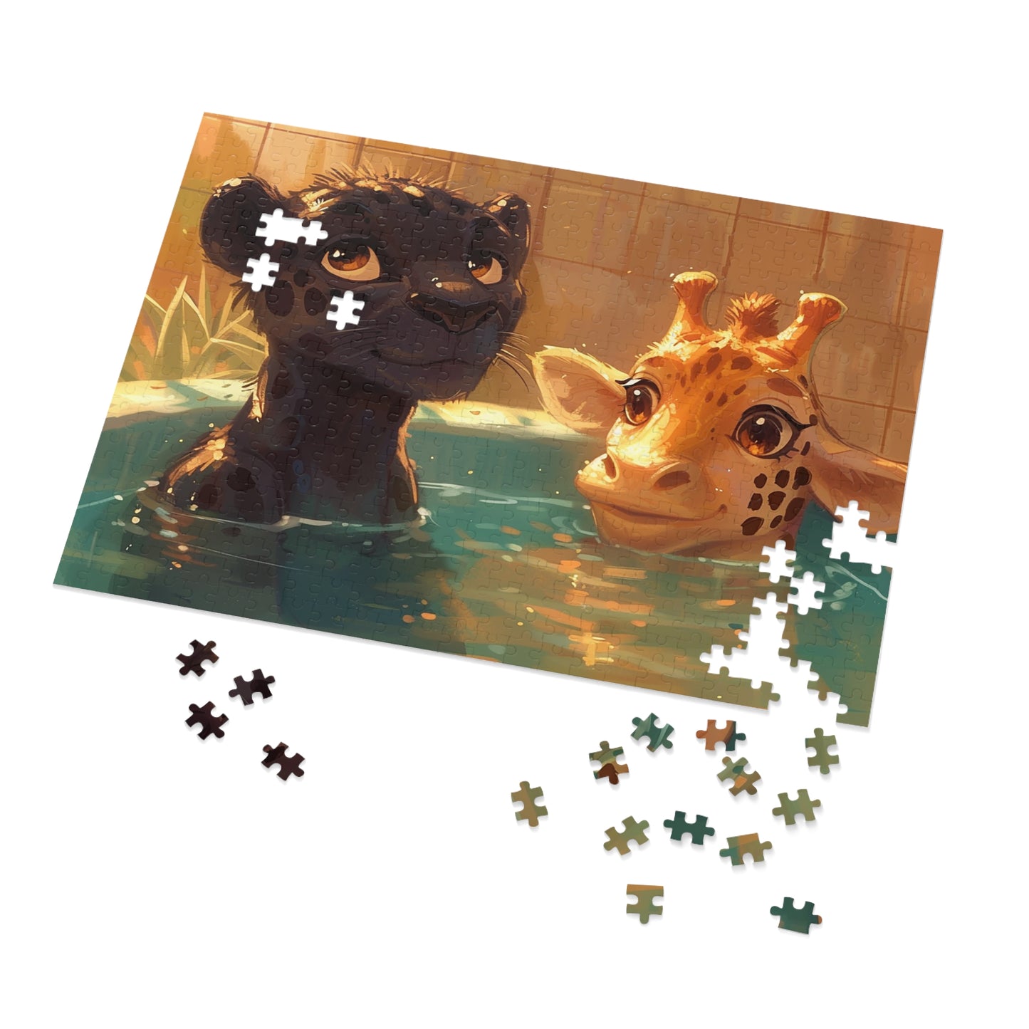 Panther and Giraffe Relaxing in a Hot Tub  Jigsaw Puzzle (30, 110, 252, 500,1000-Piece)