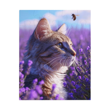 Cat and Bee in a Field of Purple Flowers  Jigsaw Puzzle (30, 110, 252, 500,1000-Piece)