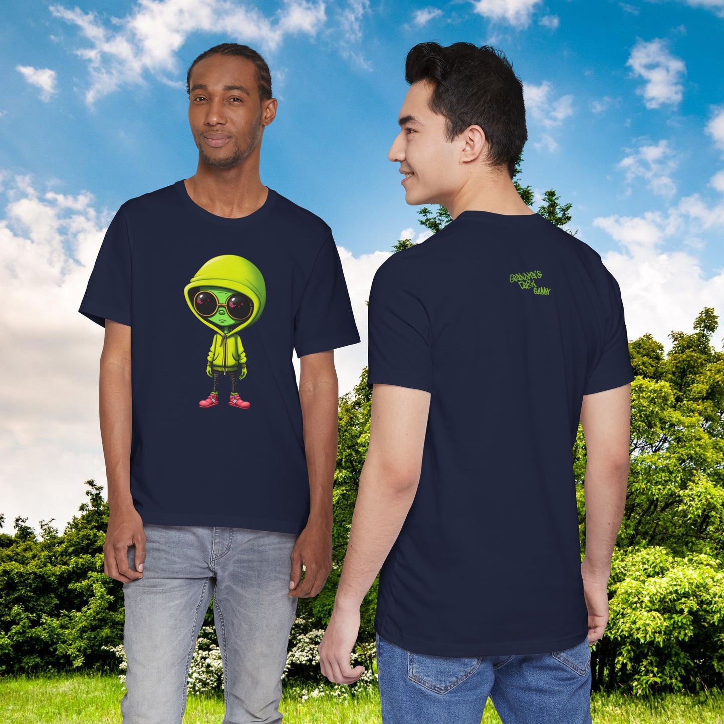 Hip Hop Alien with Grandma's Crew Personalized on Back   Unisex Jersey Short Sleeve Tee