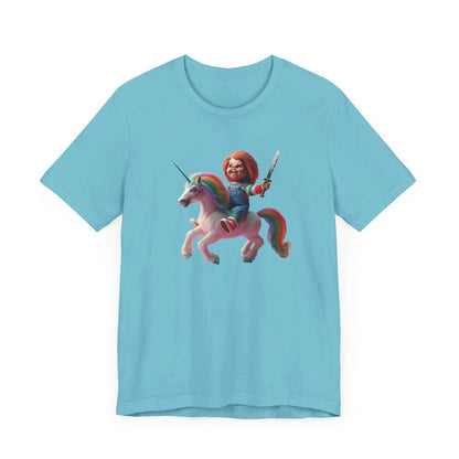 Chucky on his Unicorn!  Unisex Jersey Short Sleeve Tee