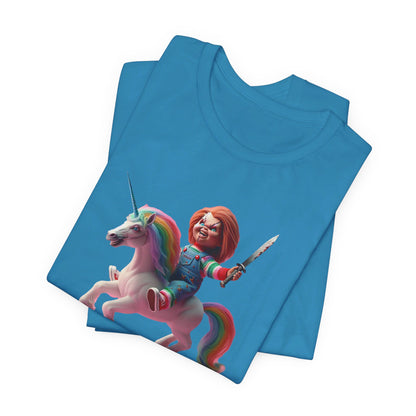 Chucky on his Unicorn!  Unisex Jersey Short Sleeve Tee