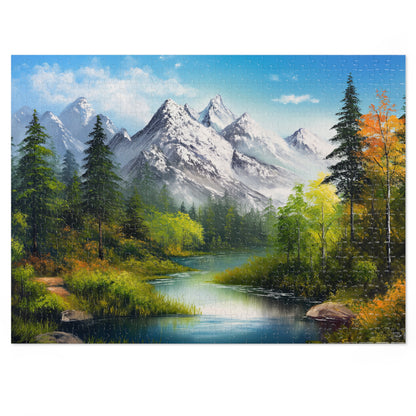 Bob Ross Style Mountain Scene Painting Jigsaw Puzzle (30, 110, 252, 500,1000-Piece)