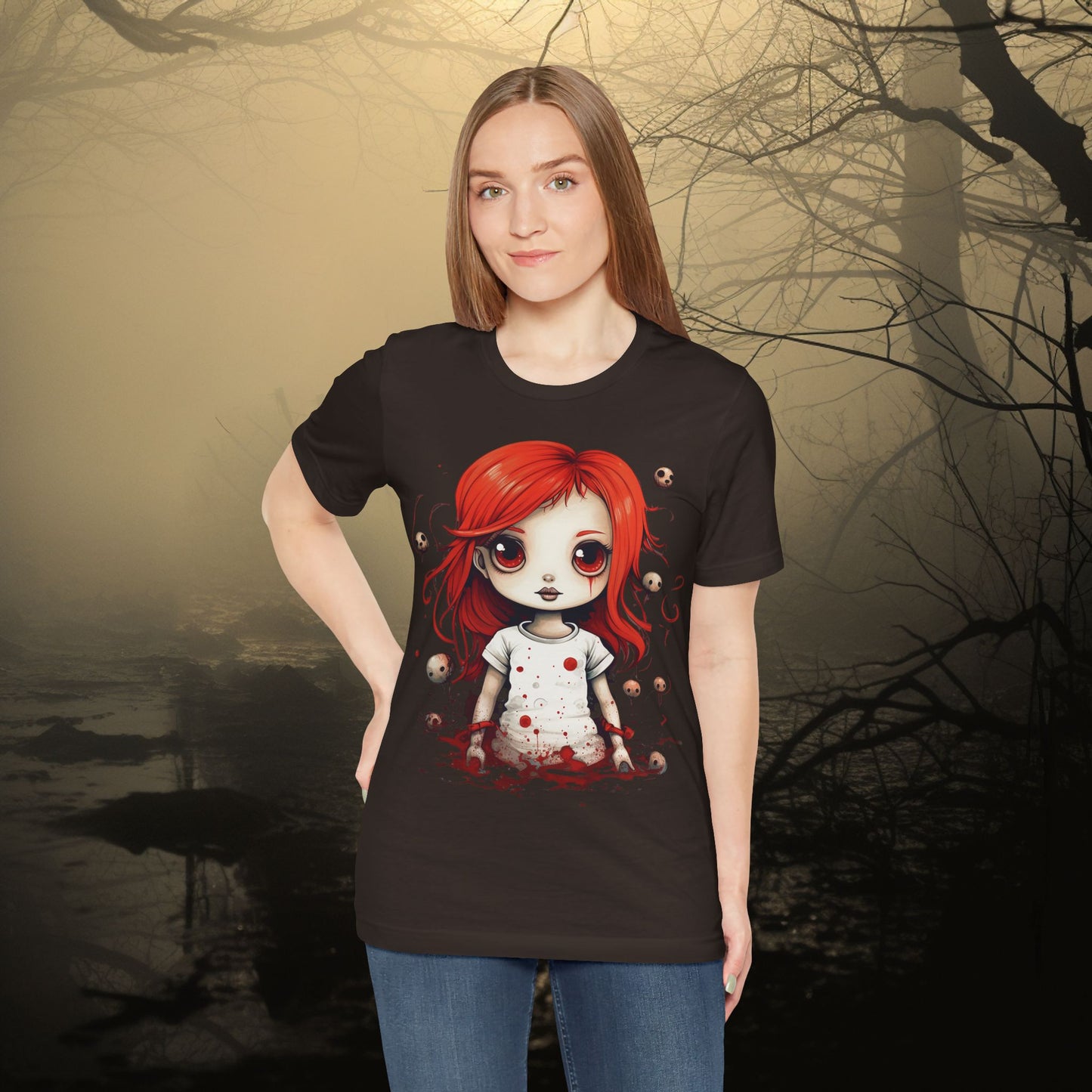 Pretty Creepy Doll Halloween Unisex Jersey Short Sleeve Tee