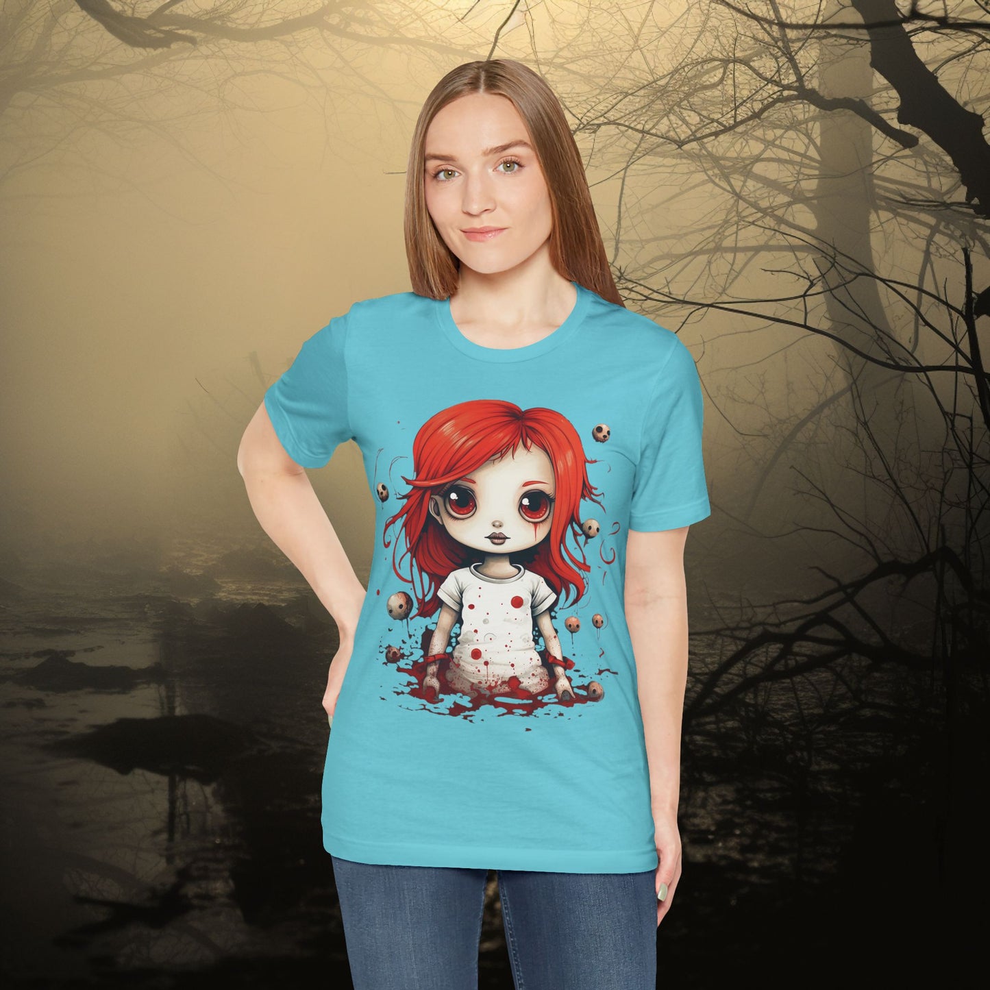 Pretty Creepy Doll Halloween Unisex Jersey Short Sleeve Tee