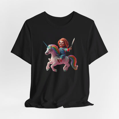 Chucky on his Unicorn!  Unisex Jersey Short Sleeve Tee