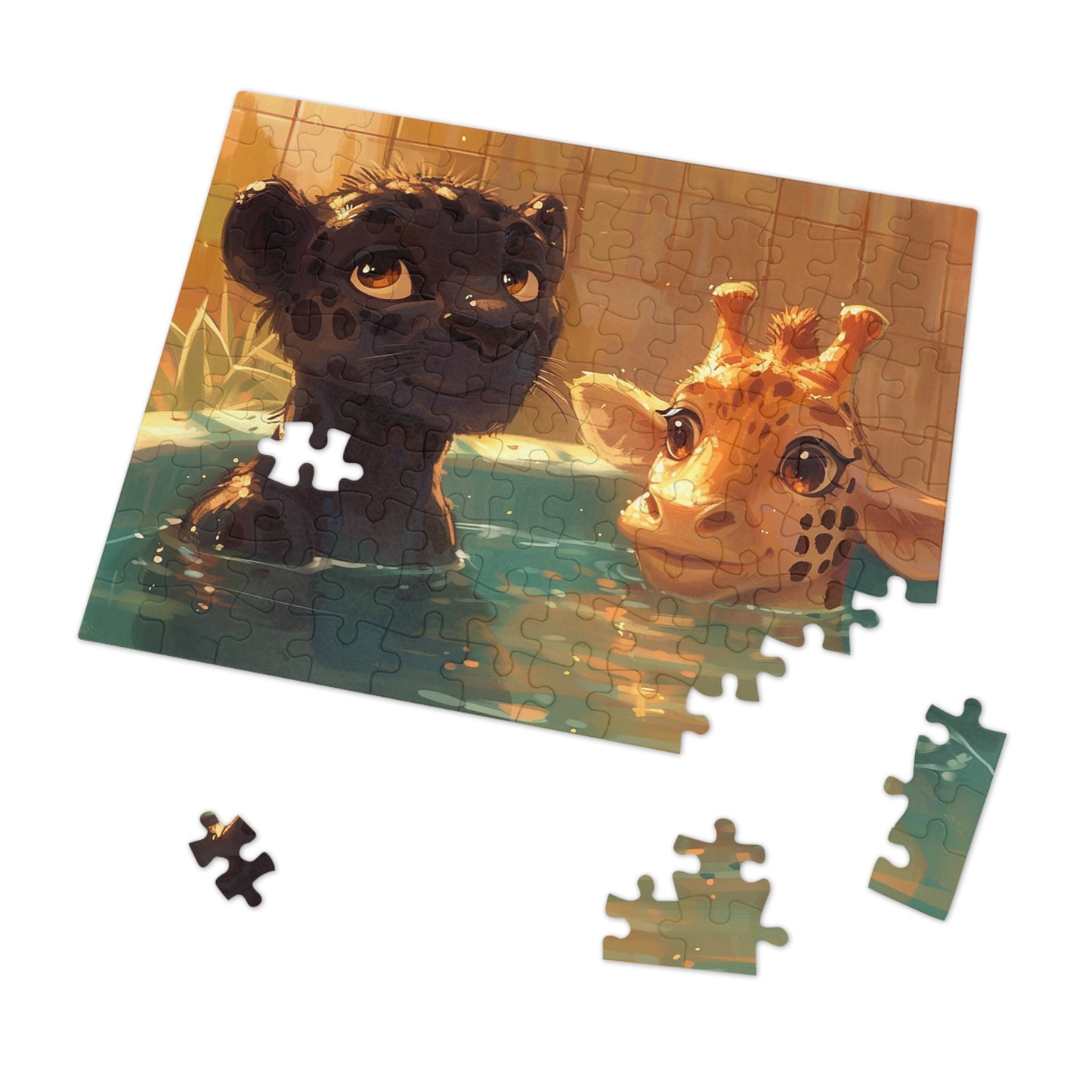 Panther and Giraffe Relaxing in a Hot Tub  Jigsaw Puzzle (30, 110, 252, 500,1000-Piece)