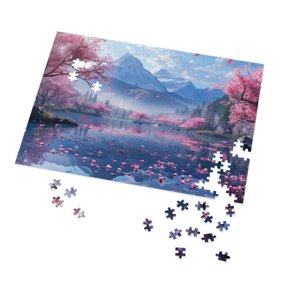 Japan Landscape Lake with Cherry Blossoms  Jigsaw Puzzle (30, 110, 252, 500,1000-Piece)