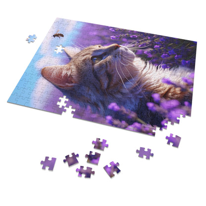 Cat and Bee in a Field of Purple Flowers  Jigsaw Puzzle (30, 110, 252, 500,1000-Piece)