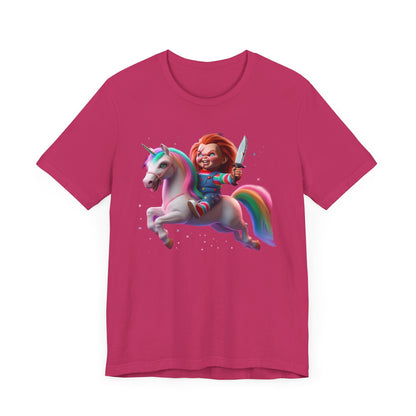 Chucky Riding a Unicorn! Unisex Jersey Short Sleeve Tee