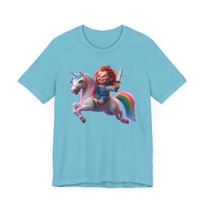 Chucky Riding a Unicorn! Unisex Jersey Short Sleeve Tee