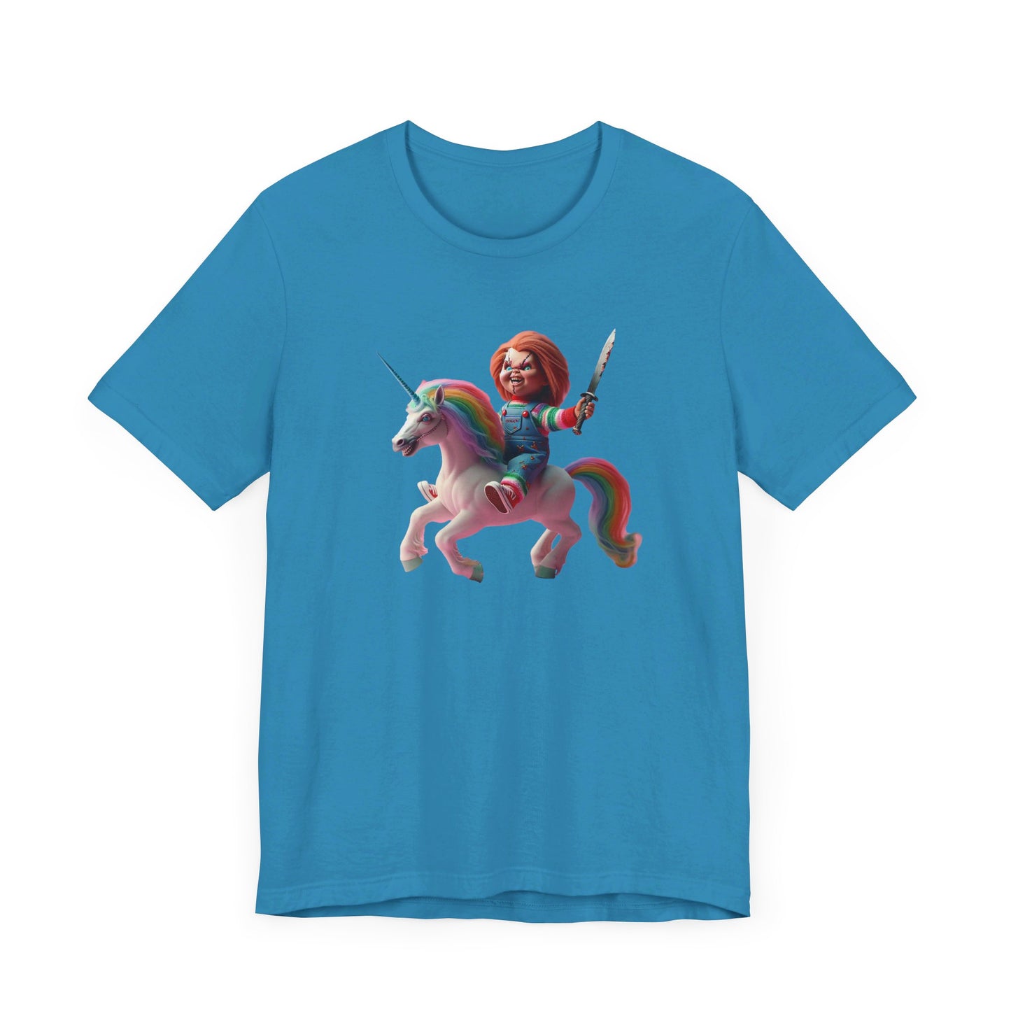 Chucky on his Unicorn!  Unisex Jersey Short Sleeve Tee