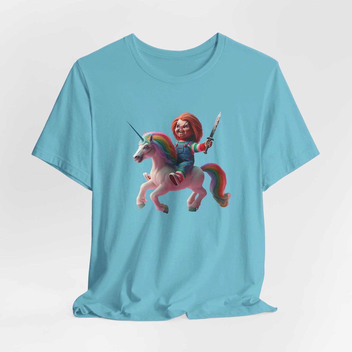 Chucky on his Unicorn!  Unisex Jersey Short Sleeve Tee