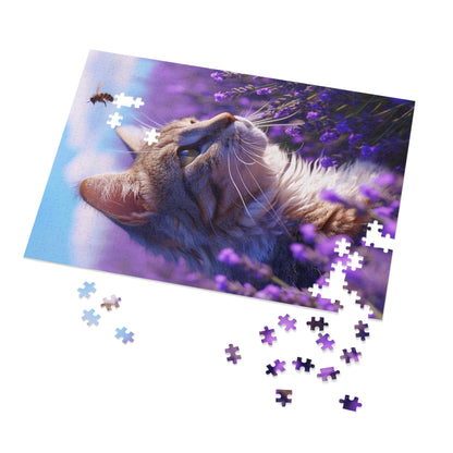 Cat and Bee in a Field of Purple Flowers  Jigsaw Puzzle (30, 110, 252, 500,1000-Piece)