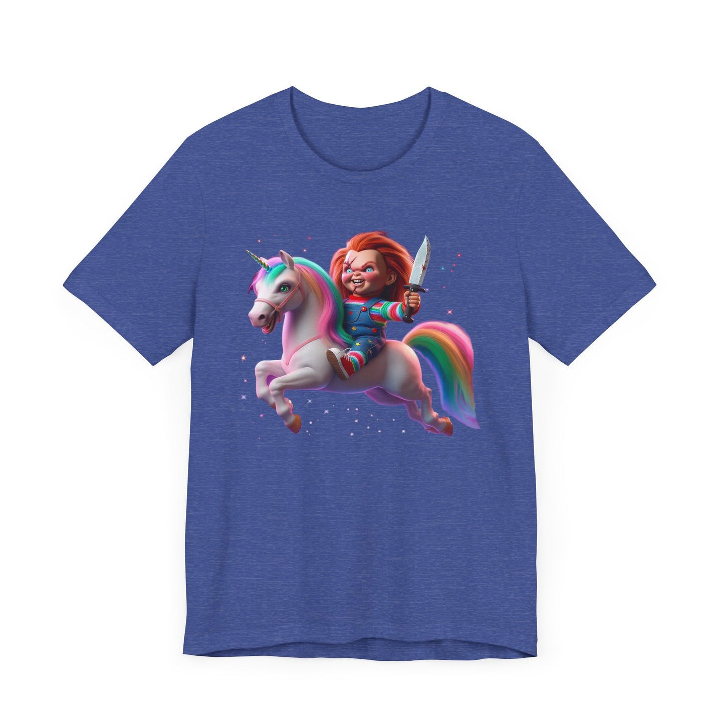 Chucky Riding a Unicorn! Unisex Jersey Short Sleeve Tee