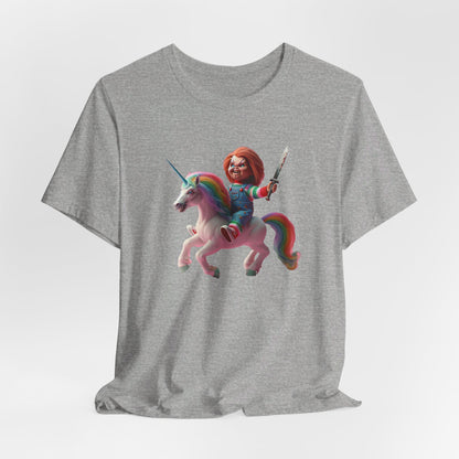 Chucky on his Unicorn!  Unisex Jersey Short Sleeve Tee