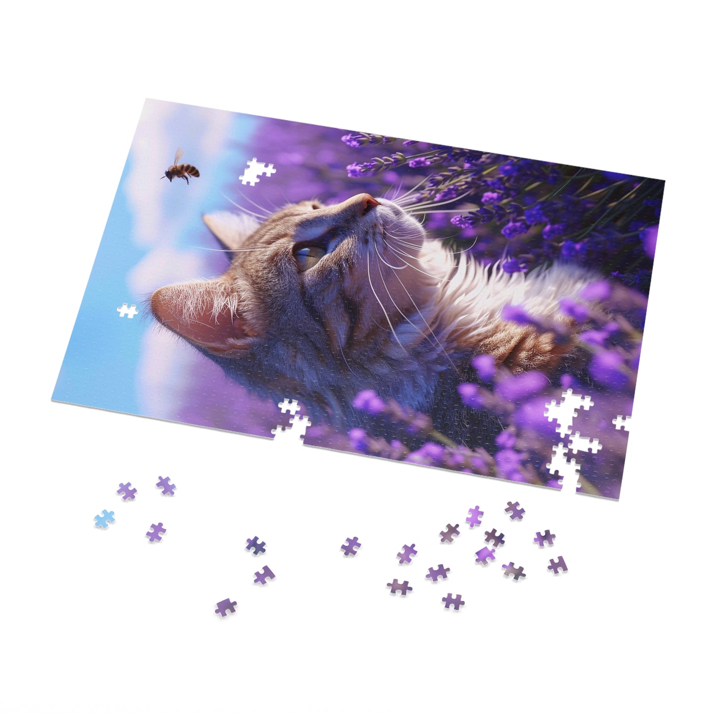 Cat and Bee in a Field of Purple Flowers  Jigsaw Puzzle (30, 110, 252, 500,1000-Piece)