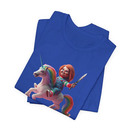 Chucky on his Unicorn!  Unisex Jersey Short Sleeve Tee