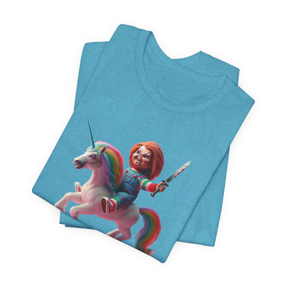 Chucky on his Unicorn!  Unisex Jersey Short Sleeve Tee