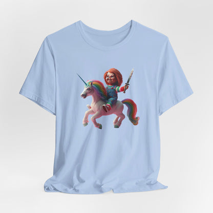 Chucky on his Unicorn!  Unisex Jersey Short Sleeve Tee