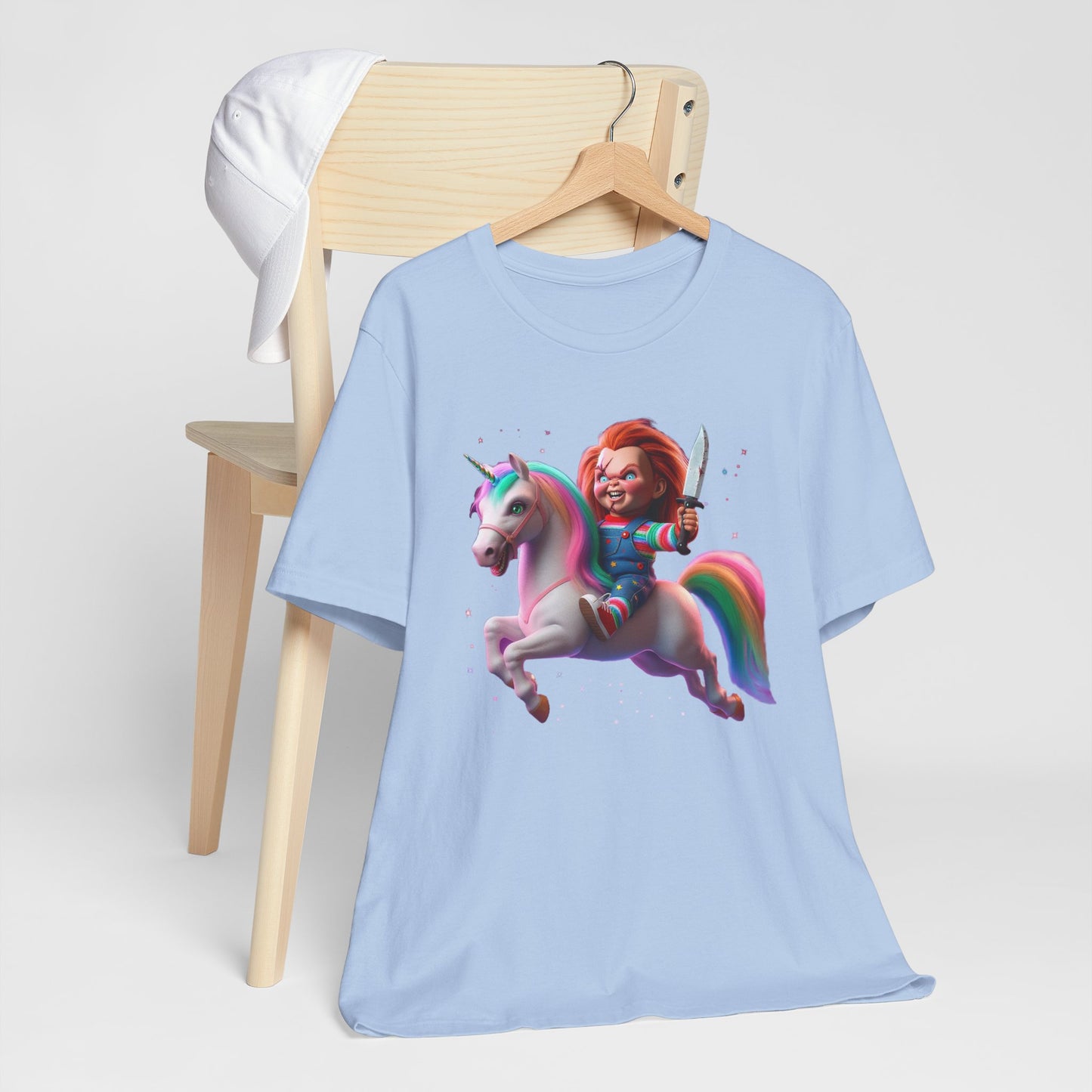 Chucky Riding a Unicorn! Unisex Jersey Short Sleeve Tee