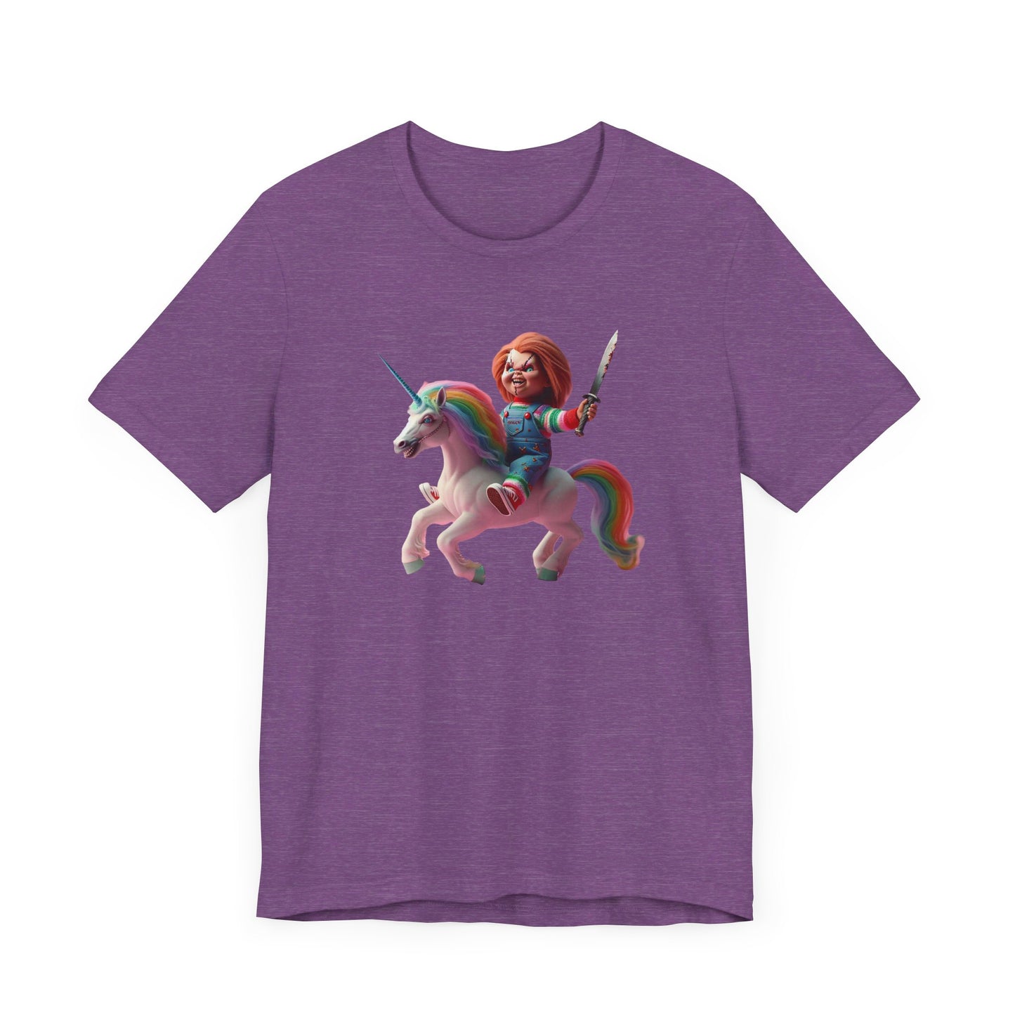 Chucky on his Unicorn!  Unisex Jersey Short Sleeve Tee