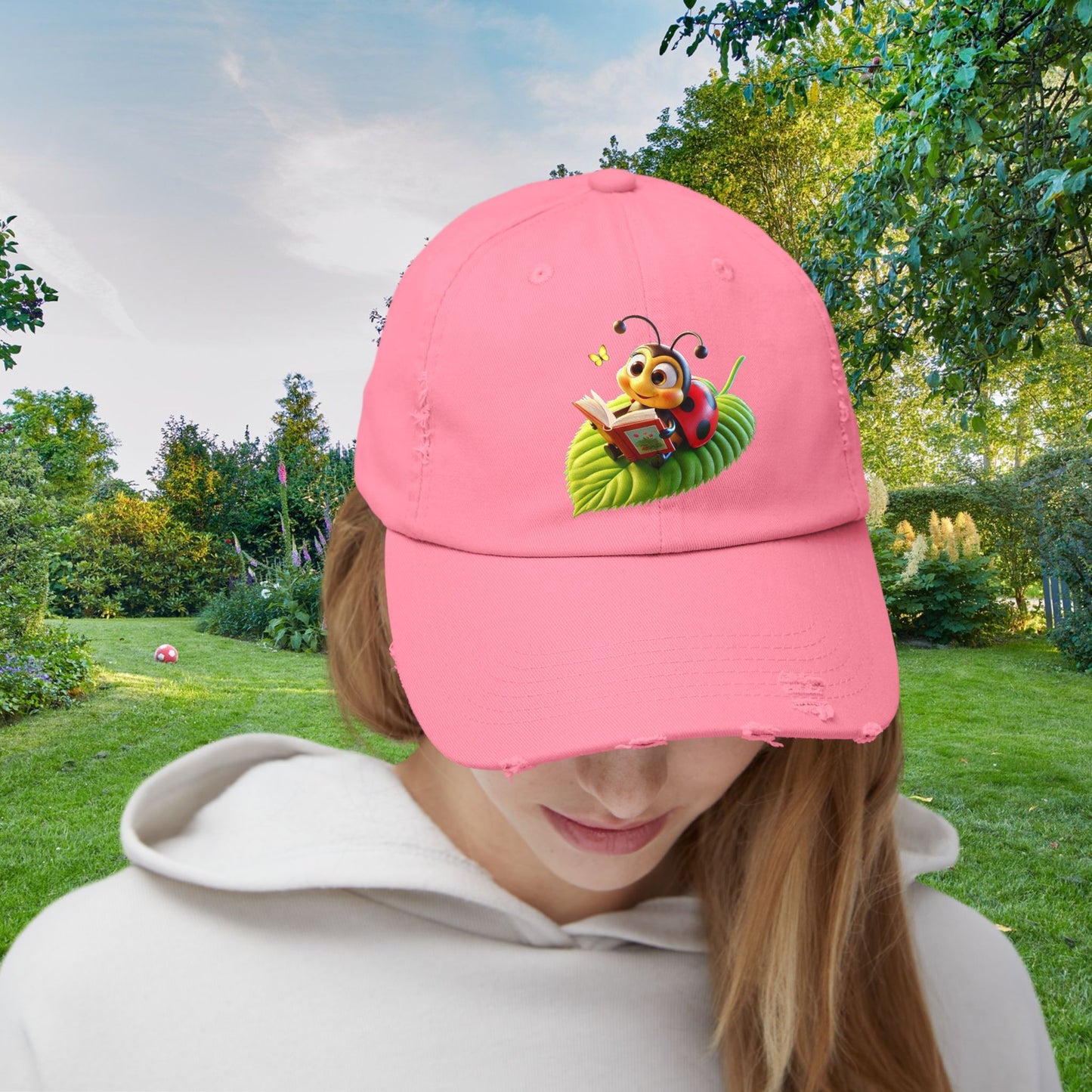 The Ladybug Reading Her Book   Distressed Cap - Unisex