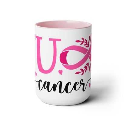 Breast Cancer Awareness Fuck Cancer Pink Ribbon Two-Tone Coffee Mugs, 15oz