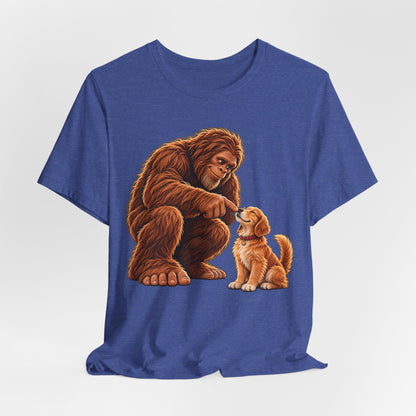 Bigfoot Boops a Dog  Unisex Jersey Short Sleeve Tee