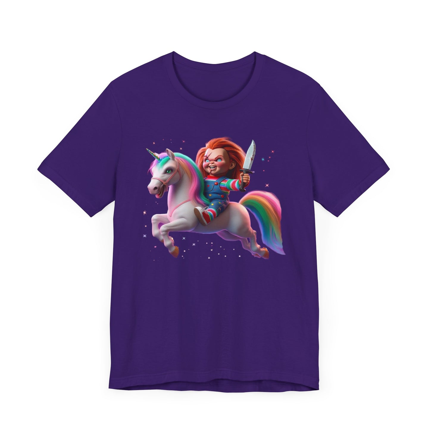 Chucky Riding a Unicorn! Unisex Jersey Short Sleeve Tee