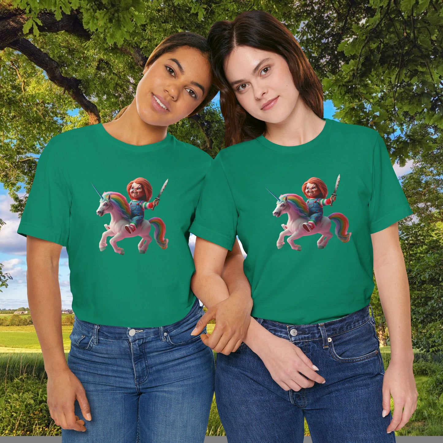 Chucky on his Unicorn!  Unisex Jersey Short Sleeve Tee