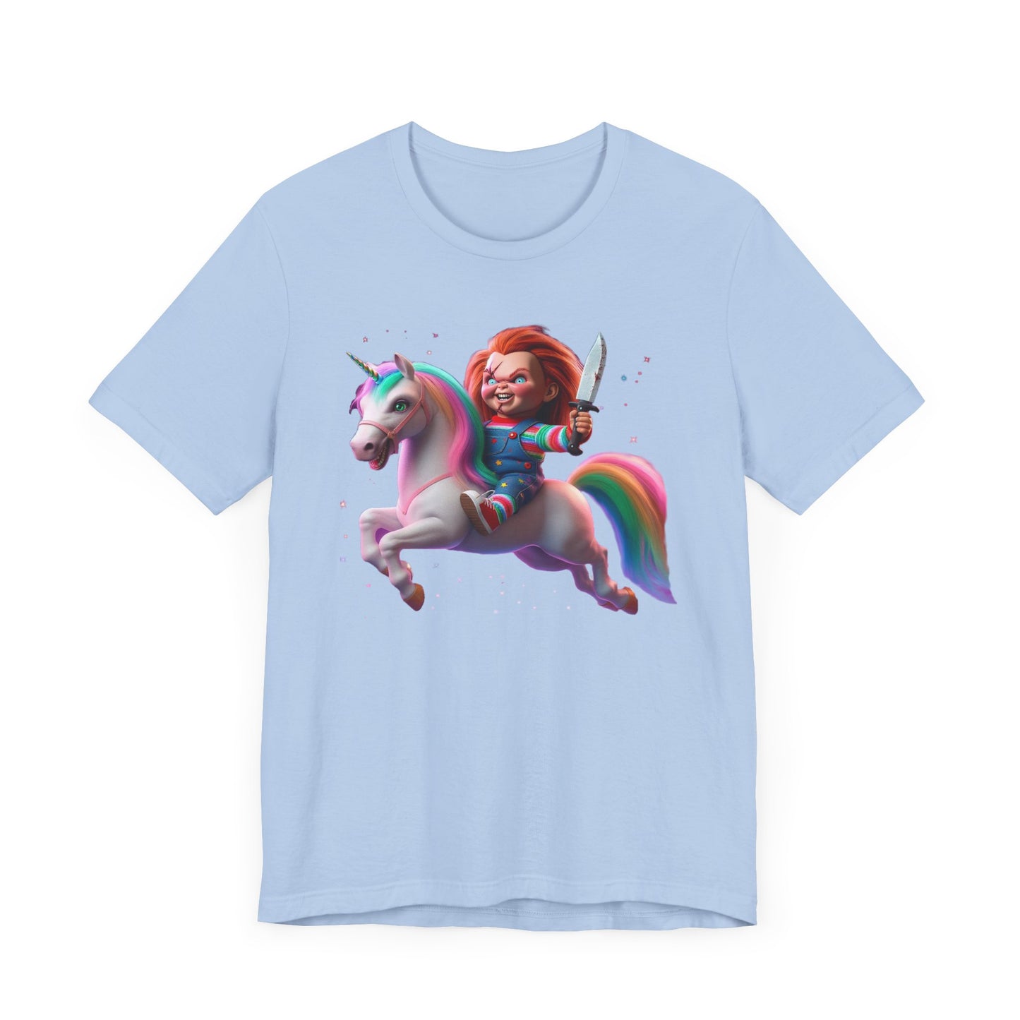 Chucky Riding a Unicorn! Unisex Jersey Short Sleeve Tee