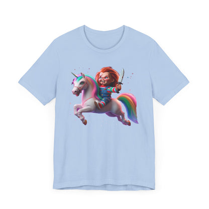 Chucky Riding a Unicorn! Unisex Jersey Short Sleeve Tee