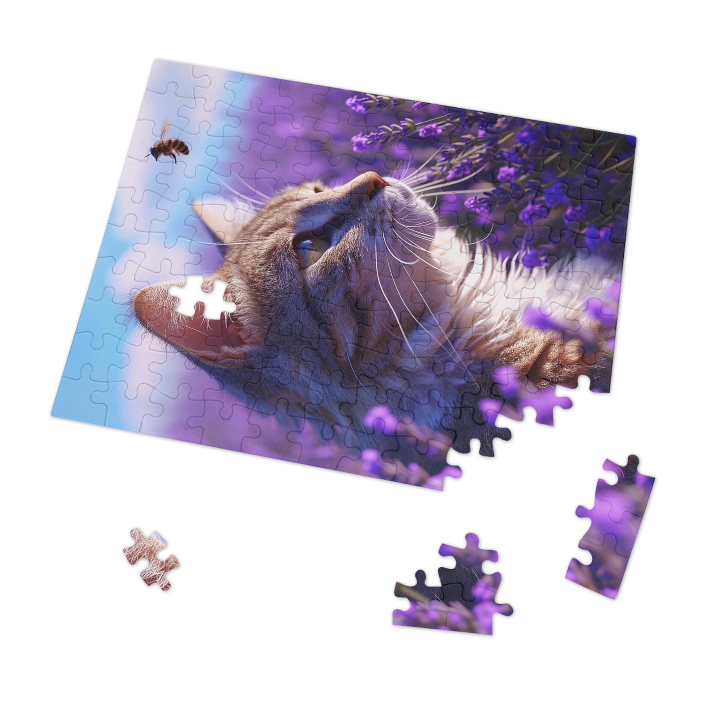 Cat and Bee in a Field of Purple Flowers  Jigsaw Puzzle (30, 110, 252, 500,1000-Piece)