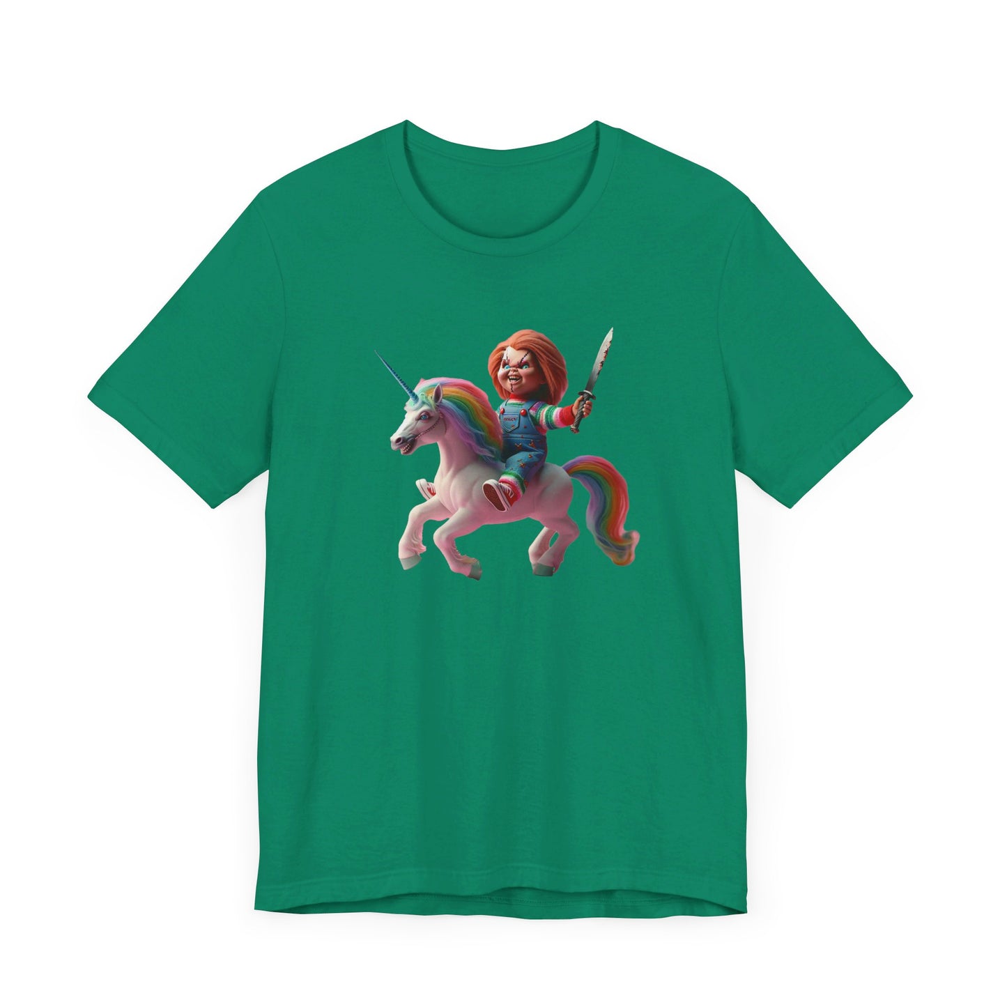 Chucky on his Unicorn!  Unisex Jersey Short Sleeve Tee