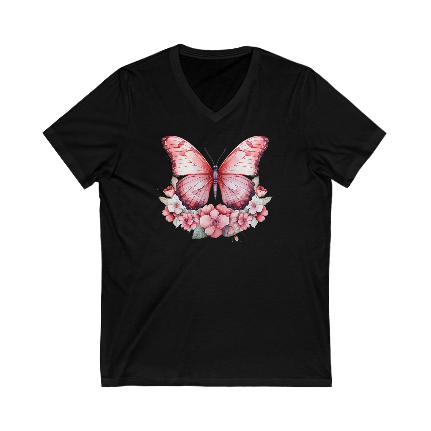 Beautiful Pink Butterfly Unisex Jersey Short Sleeve V-Neck Tee