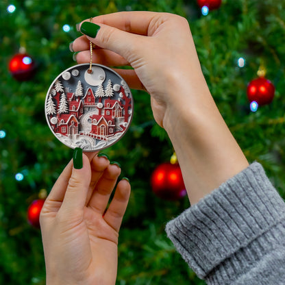 Red and White Christmas Village Ceramic Ornament