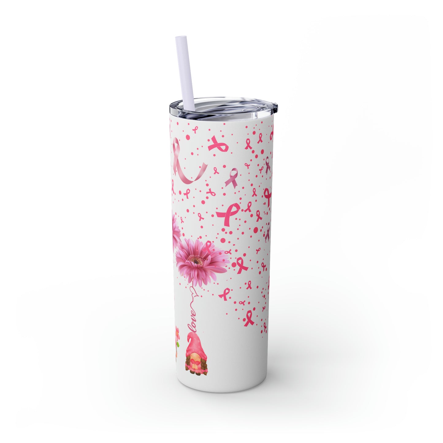 Faith Hope & Love Gnome Breast Cancer Awareness Skinny Tumbler with Straw, 20oz