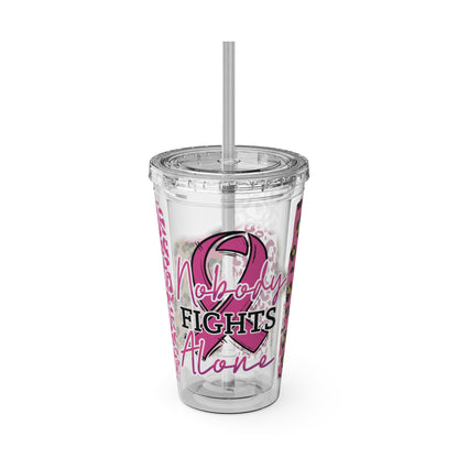 Nobody Fights Alone Breast Cancer Awareness Sunsplash Tumbler with Straw, 16oz