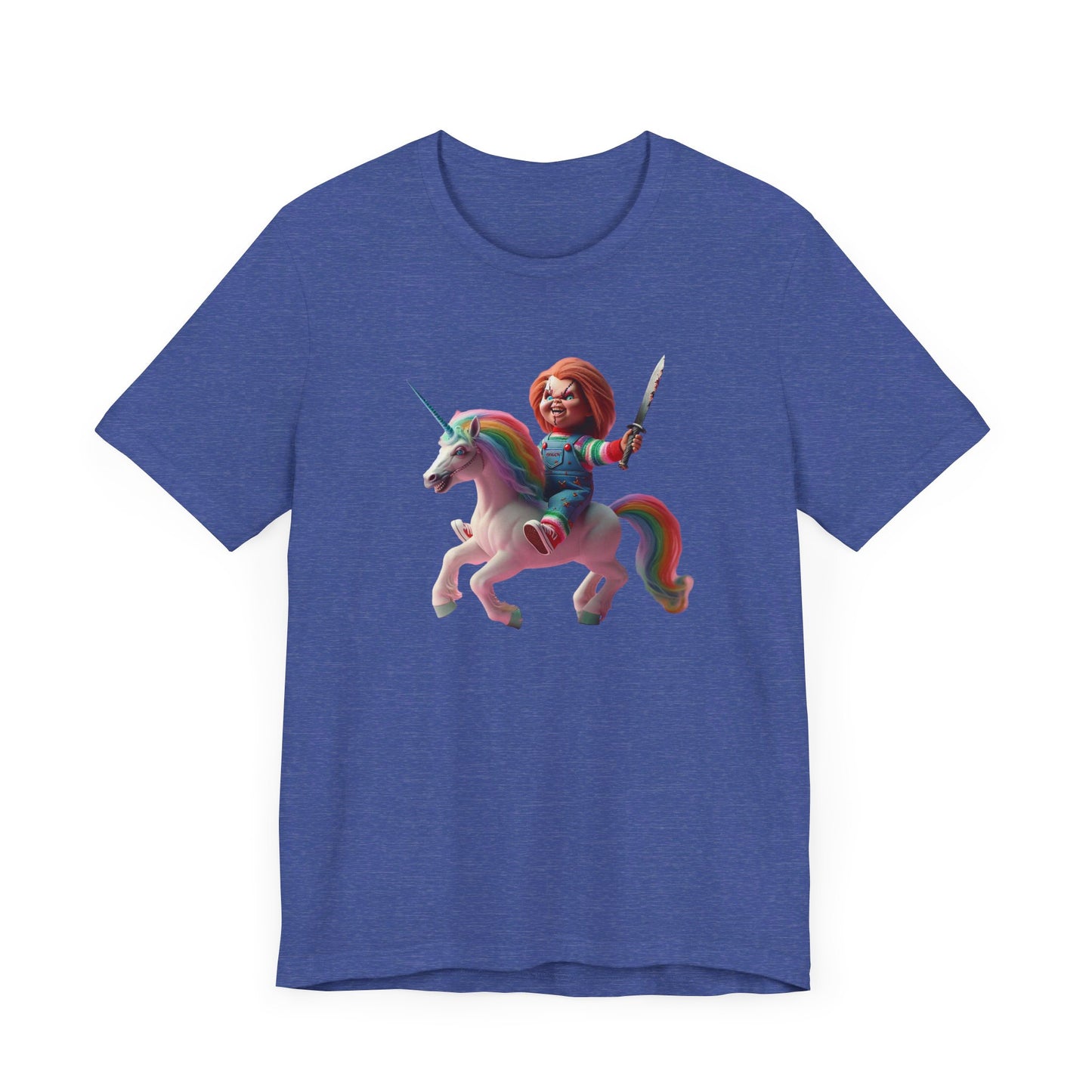 Chucky on his Unicorn!  Unisex Jersey Short Sleeve Tee