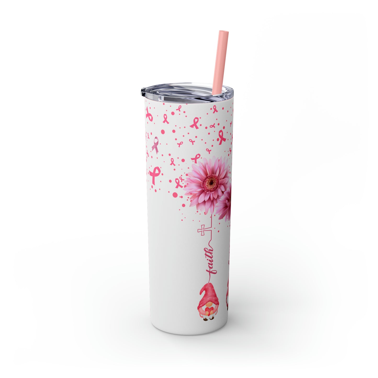 Faith Hope & Love Gnome Breast Cancer Awareness Skinny Tumbler with Straw, 20oz