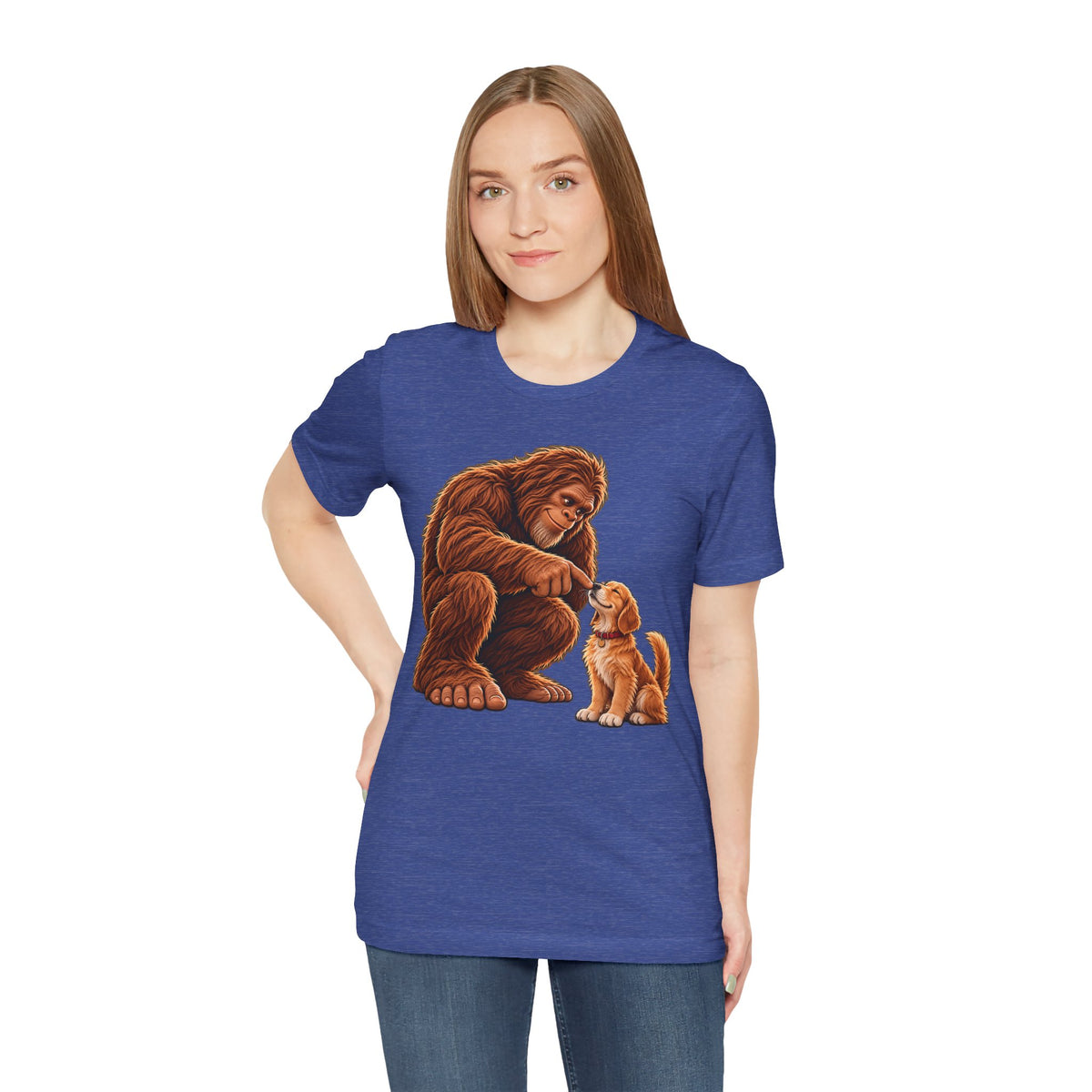 Bigfoot Boops a Dog  Unisex Jersey Short Sleeve Tee