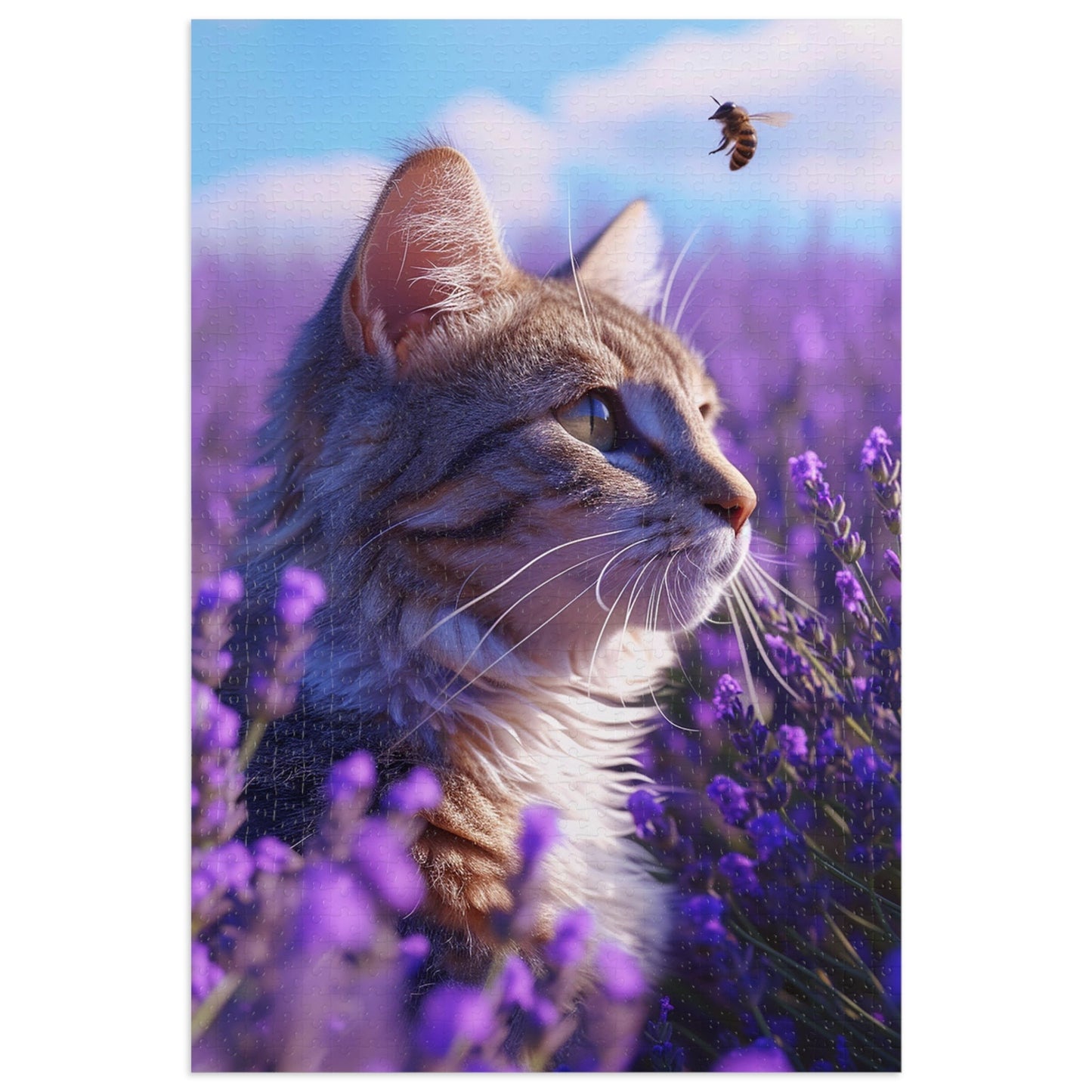 Cat and Bee in a Field of Purple Flowers  Jigsaw Puzzle (30, 110, 252, 500,1000-Piece)