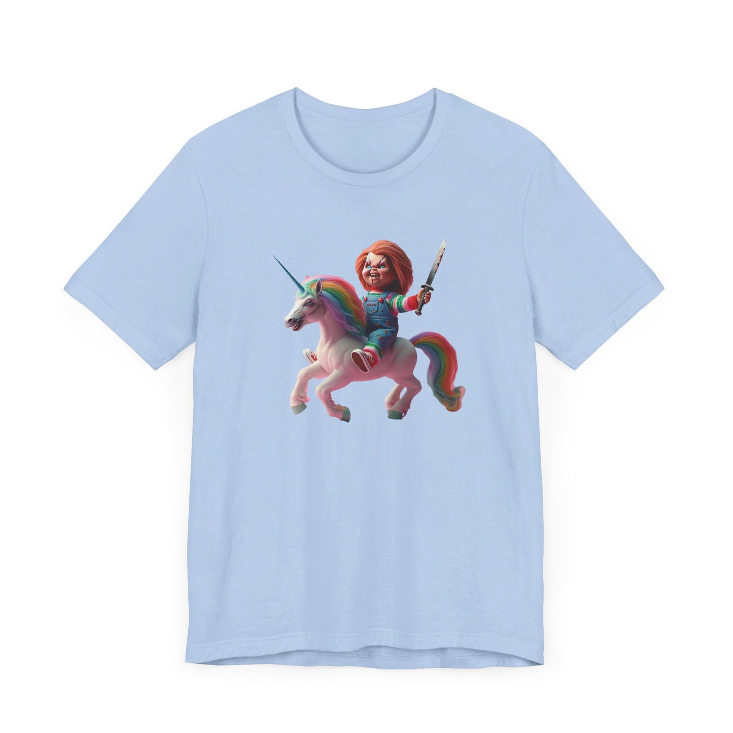 Chucky on his Unicorn!  Unisex Jersey Short Sleeve Tee