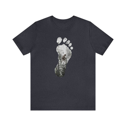 Bigfoot in the Forest Foot Print  Unisex Jersey Short Sleeve Tee