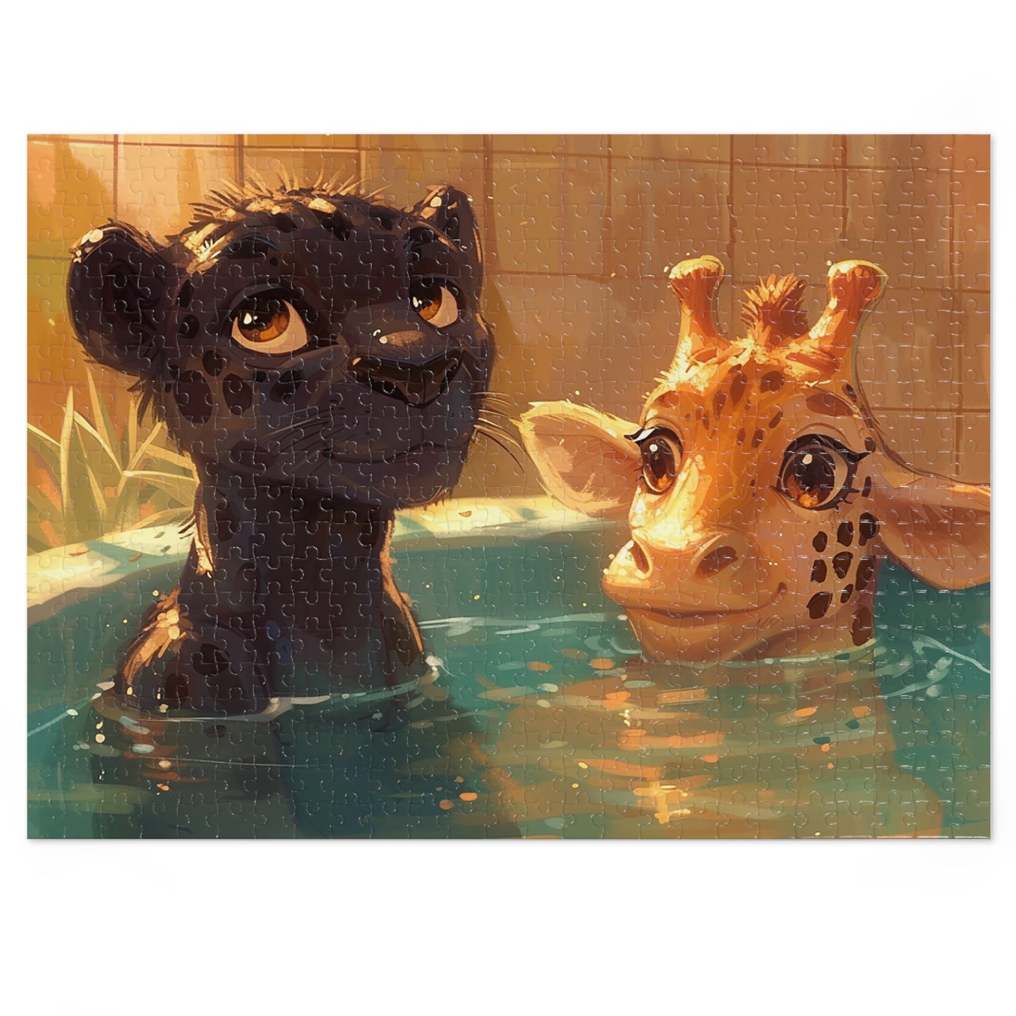 Panther and Giraffe Relaxing in a Hot Tub  Jigsaw Puzzle (30, 110, 252, 500,1000-Piece)