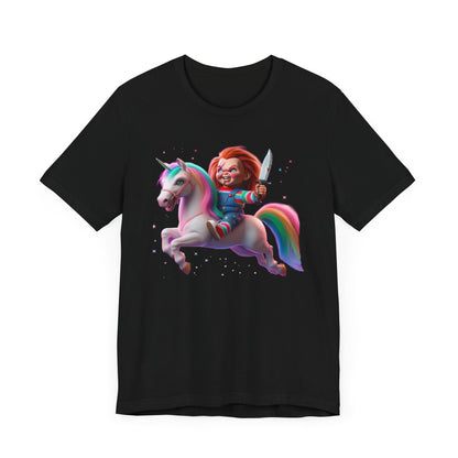 Chucky Riding a Unicorn! Unisex Jersey Short Sleeve Tee