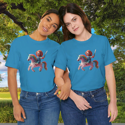 Chucky on his Unicorn!  Unisex Jersey Short Sleeve Tee